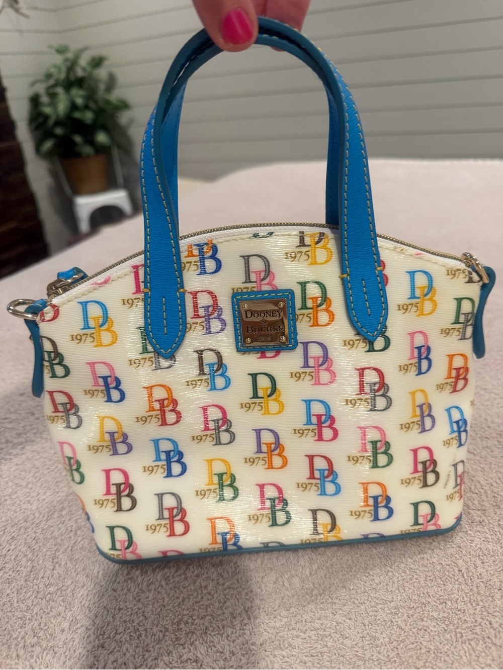Dooney & Bourke White Multicolor Logo Satchel with Blue Trim